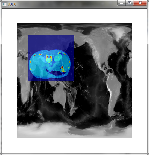Use the Overplot keyword to position
the transparent image using the coordinates of the two images.