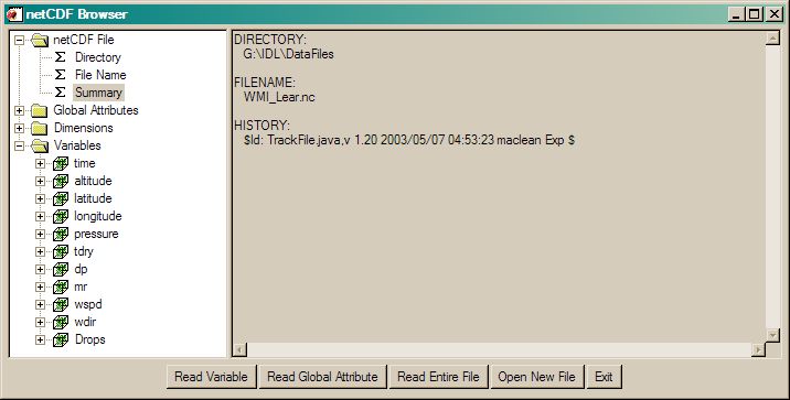 The netCDF Browser Window interface.