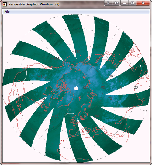 The image in a resizeable
graphics window with map boundaries and grid.