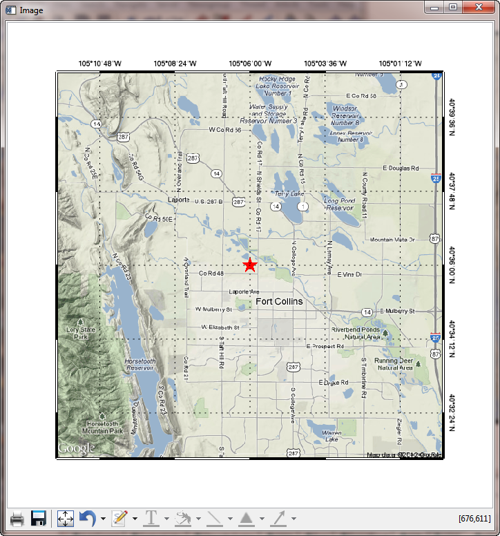 A Google static map image displayed with
box axes.